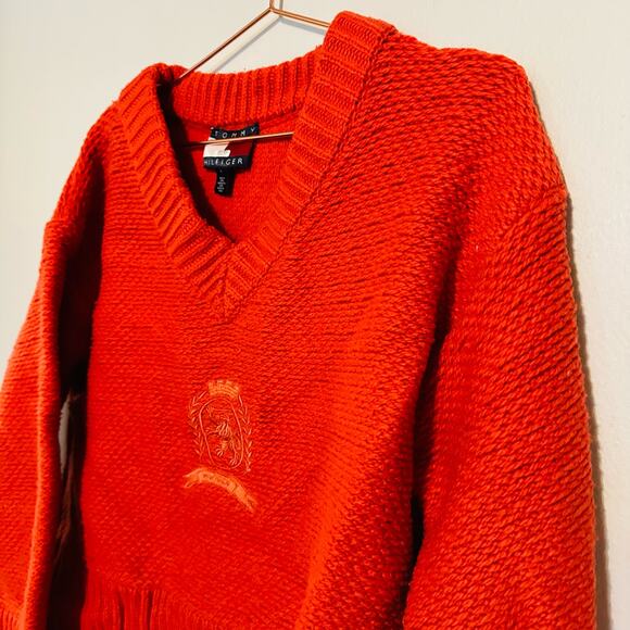 TOMMY HILFIGER Dark Orange Ribbed Knit V-Neck Logo Embroidered Sweater Size S - Picture 4 of 6